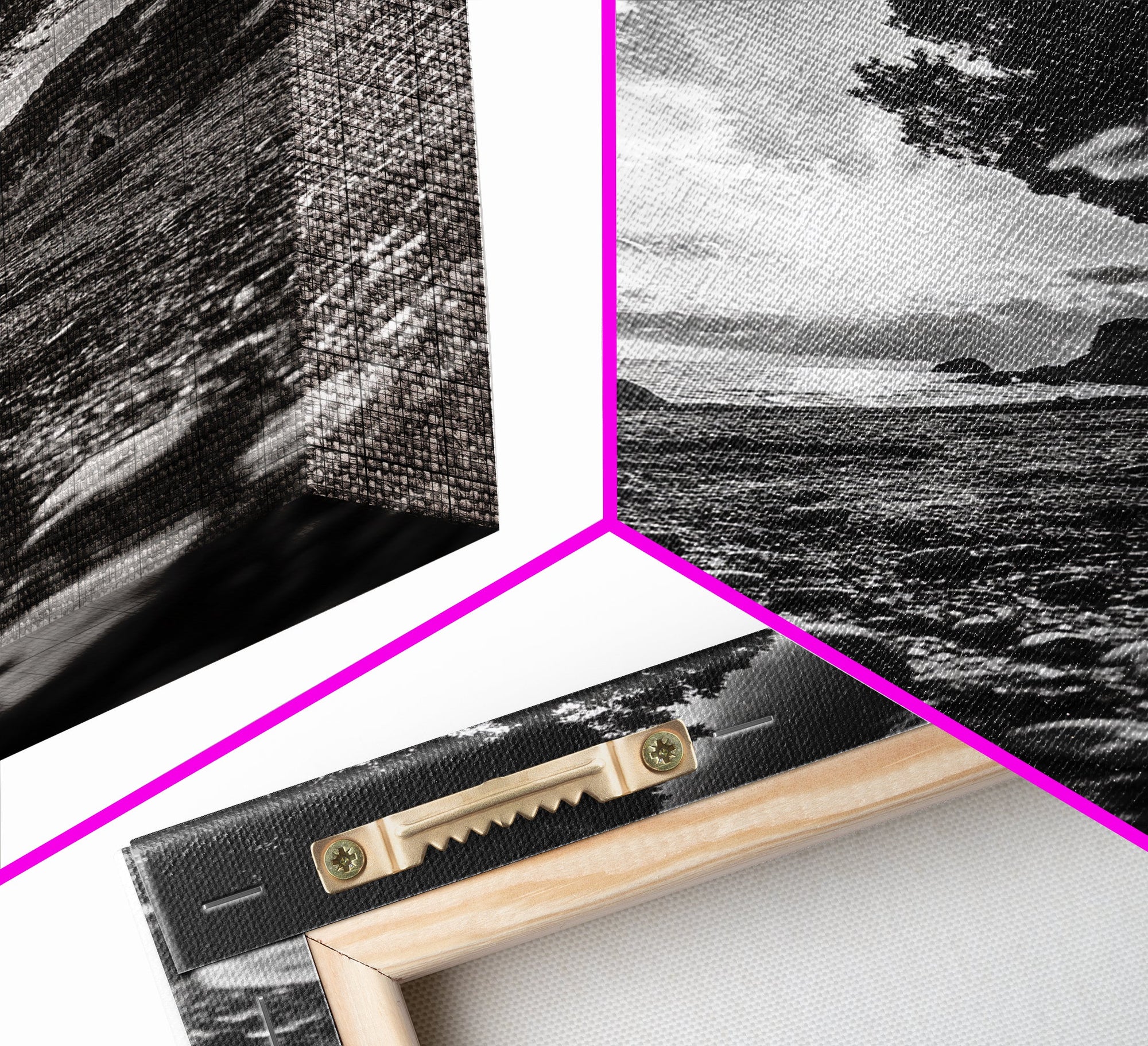 Sunset Beach View, Wide Angle Perspective, Nature Shoreline, Monochrome Landscape, Framed Canvas Print, Hallway Wall Art, Beach Decor