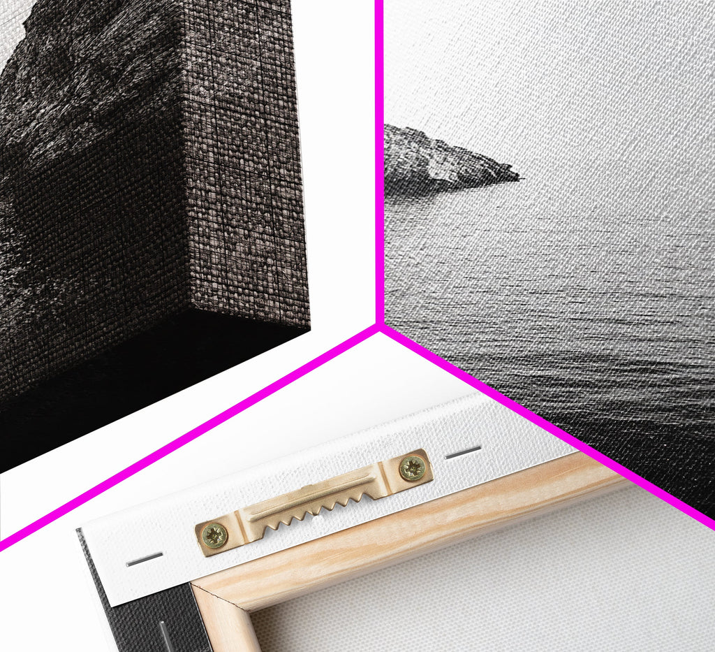 Cliffs, Ocean, Channel, Serenity - Dramatic rocky inlet view, Framed Canvas Print, ideal bathroom or hallway wall art, nature lover minimalist