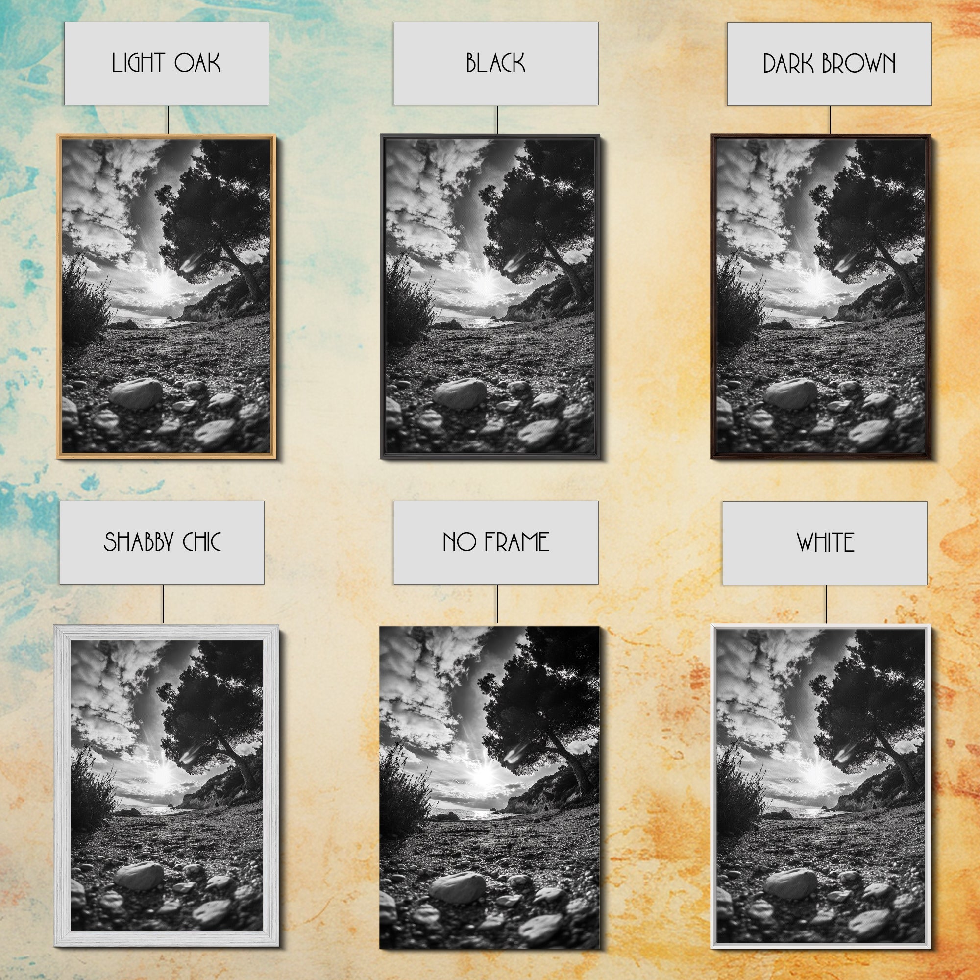 Sunset Beach View, Wide Angle Perspective, Nature Shoreline, Monochrome Landscape, Framed Canvas Print, Hallway Wall Art, Beach Decor