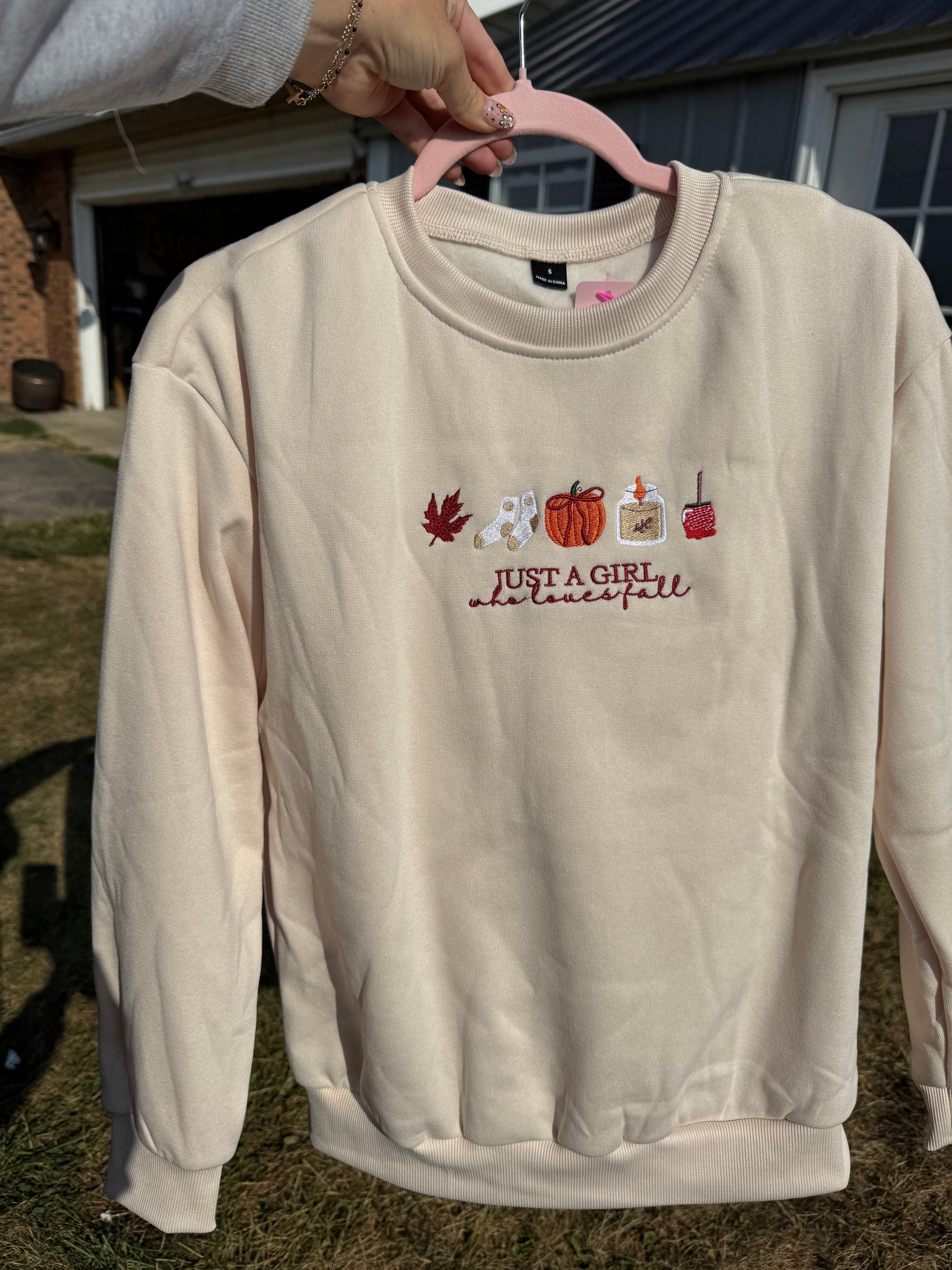 Just a Girl Who Loves Fall Embroidered Crewneck