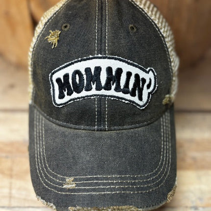 Mommin' distressed snapback mesh hat