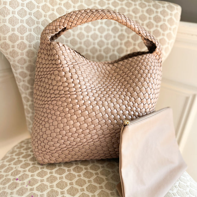 The Willow | Large Woven Vegan Leather Tote - Khaki