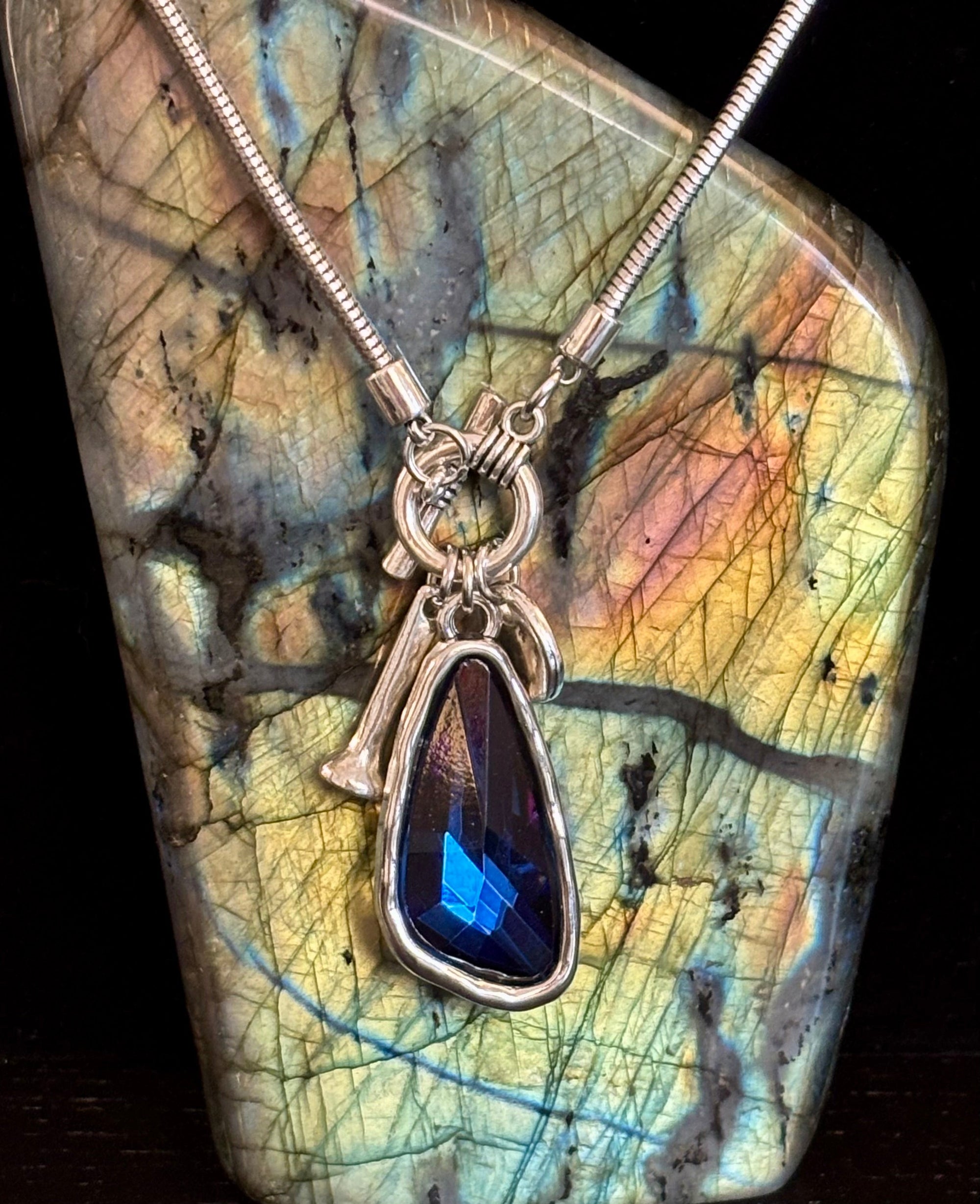 Crystal Drop Pendant Necklace – Blue or Green – Adjustable 75cm (29 inch) Chain