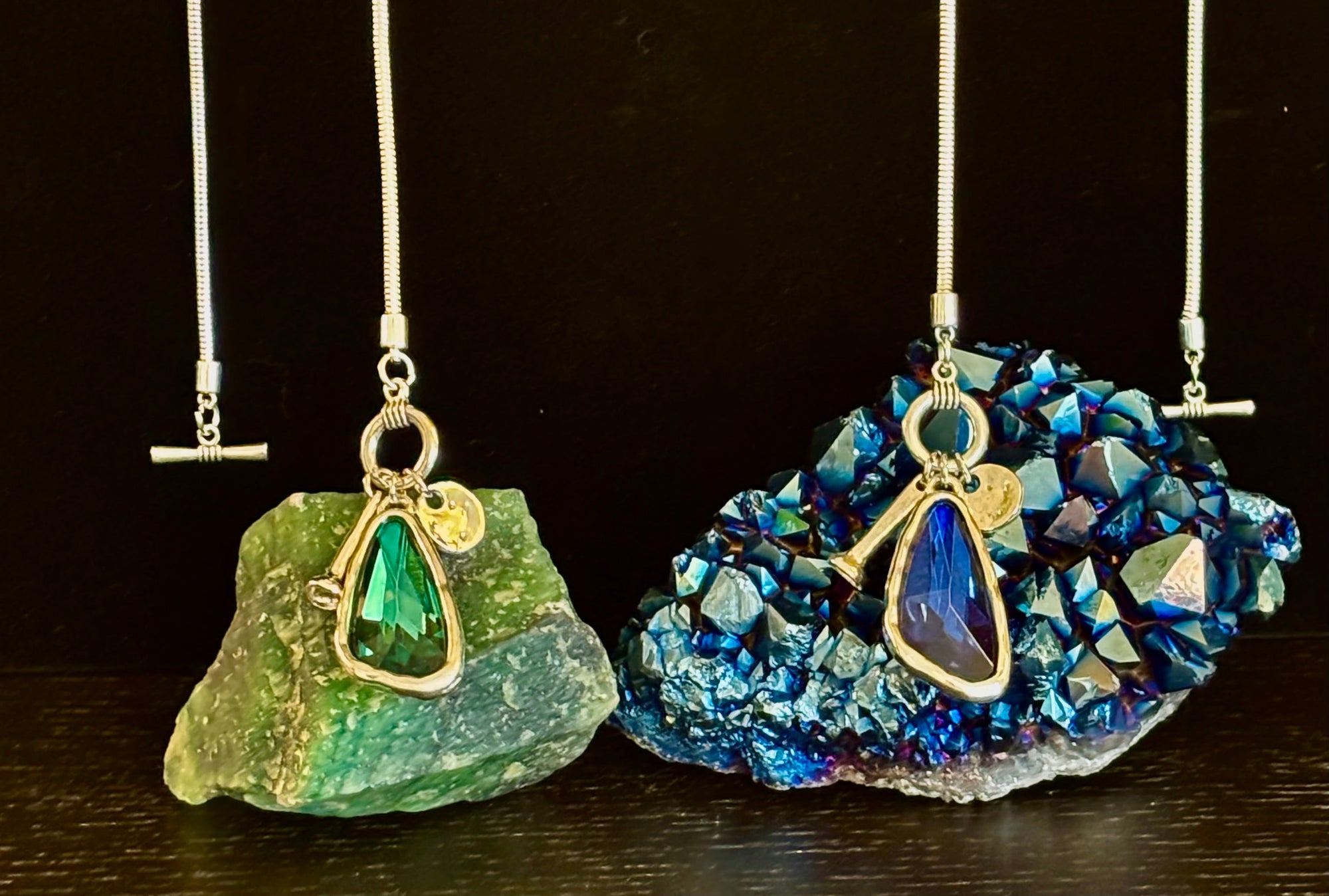 Crystal Drop Pendant Necklace – Blue or Green – Adjustable 75cm (29 inch) Chain