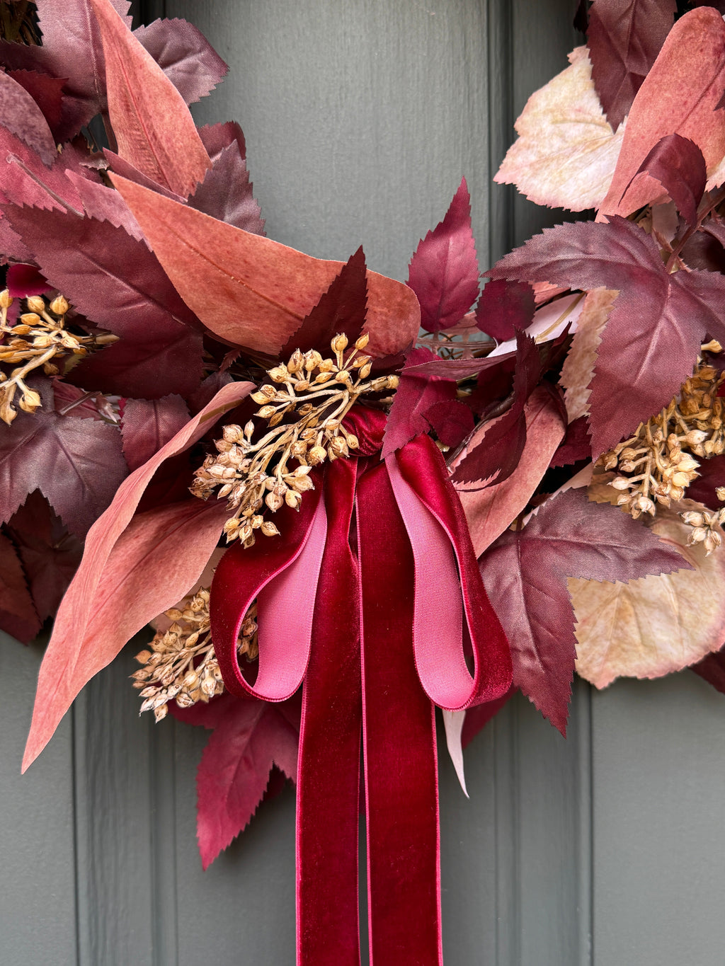Burgundy Cimicifuga & Cream Fall Wreath with Berries & Velvet Bow