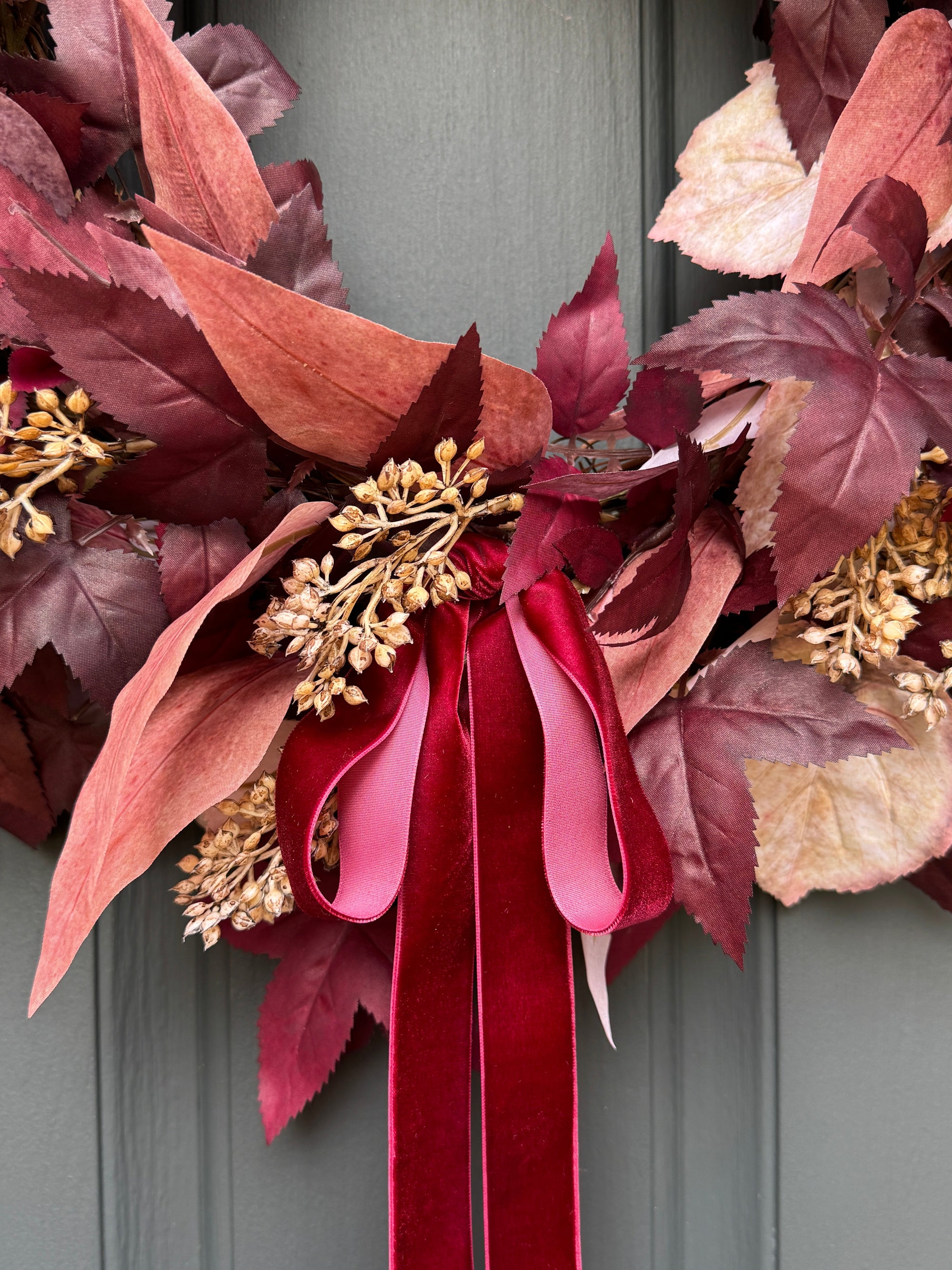 Burgundy Cimicifuga & Cream Fall Wreath with Berries & Velvet Bow