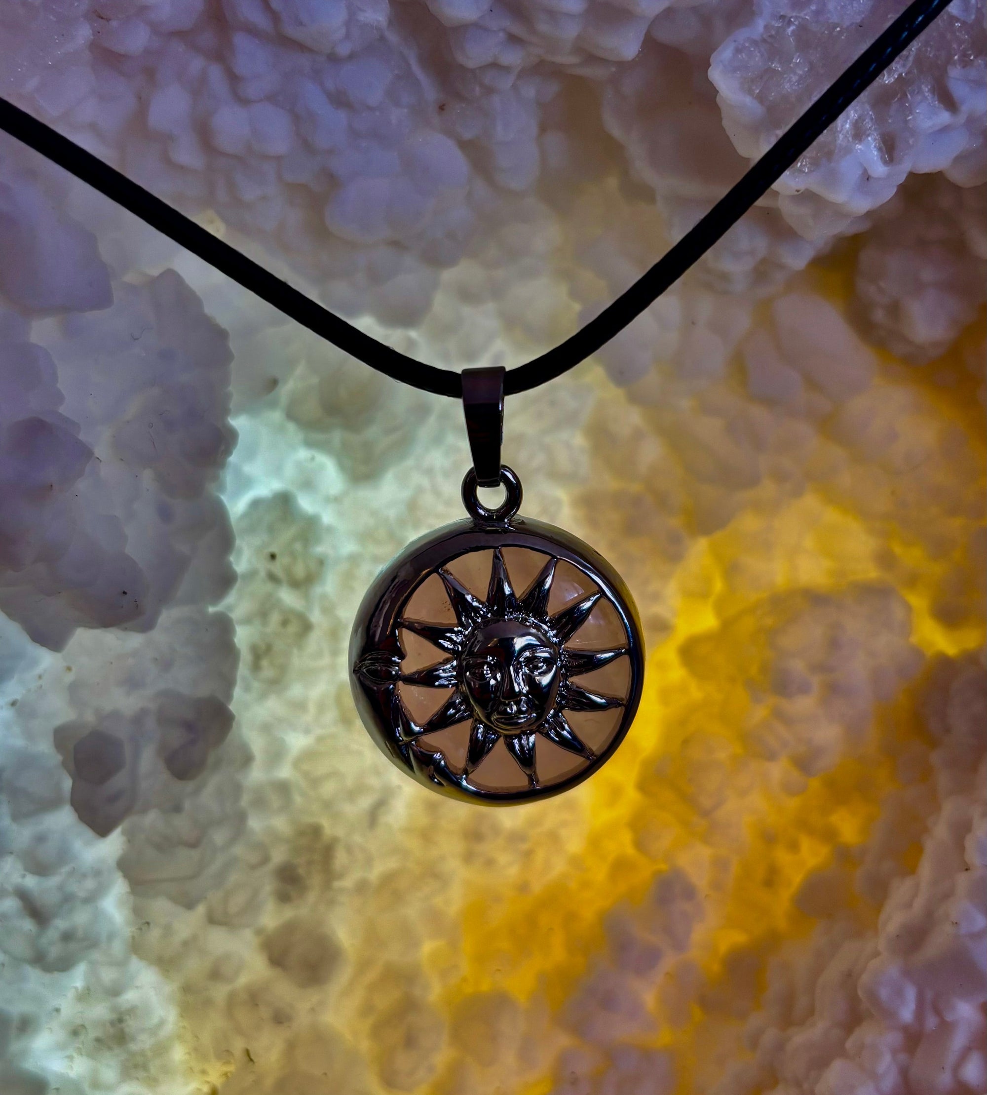 Sun & Moon Rose Quartz Pendant | Handcrafted Celestial Necklace for Love & Harmony