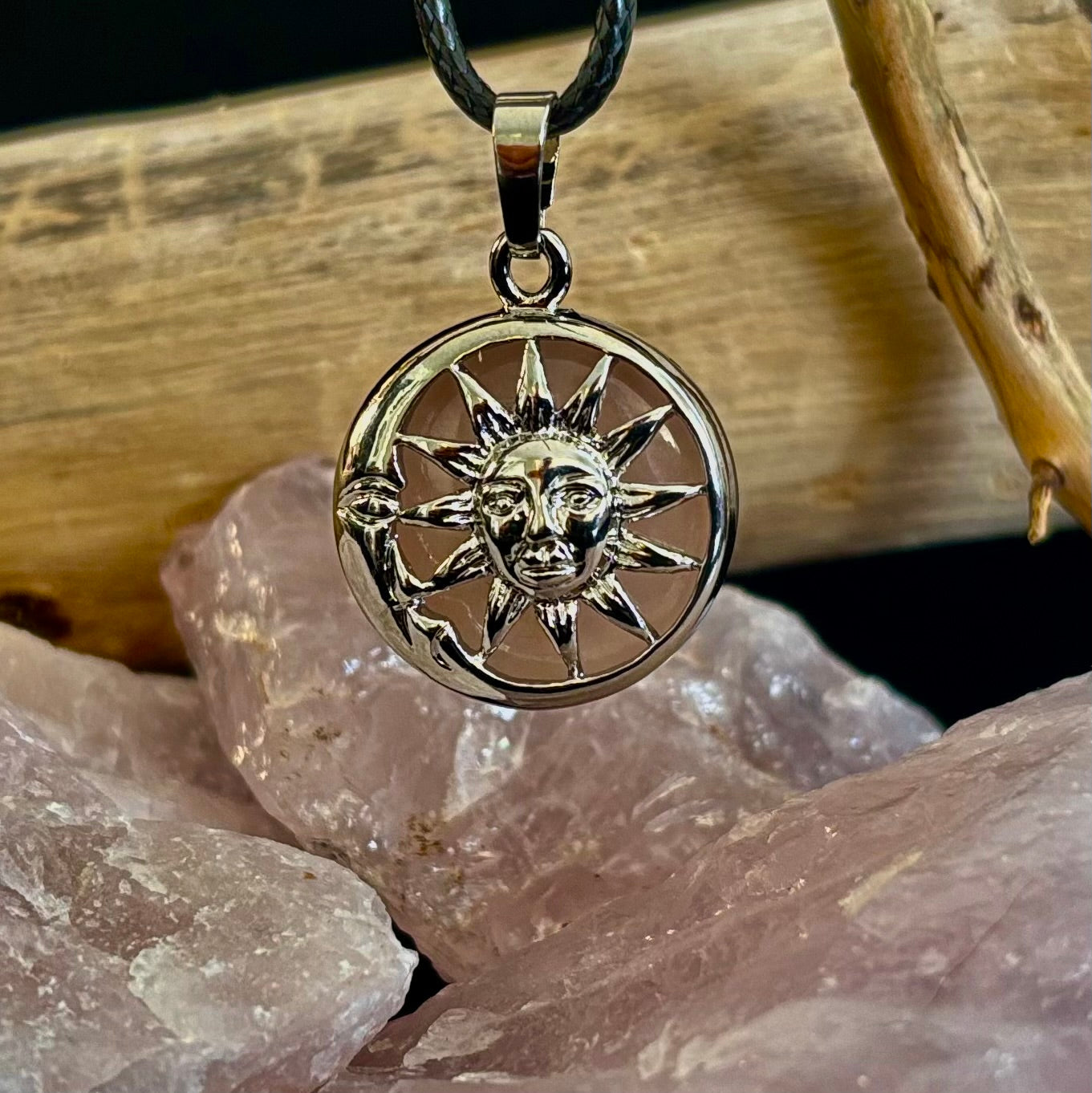 Sun & Moon Rose Quartz Pendant | Handcrafted Celestial Necklace for Love & Harmony
