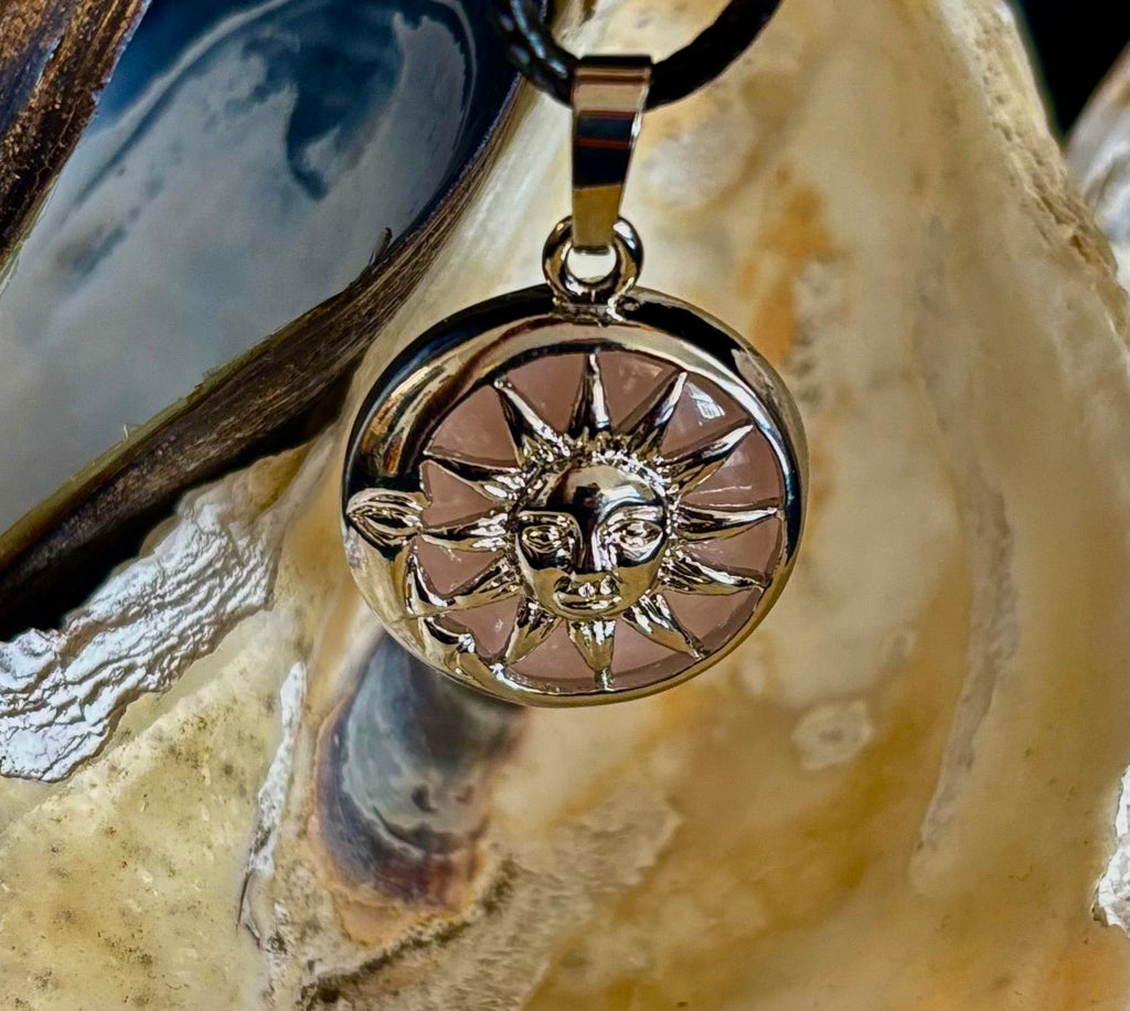 Sun & Moon Rose Quartz Pendant | Handcrafted Celestial Necklace for Love & Harmony