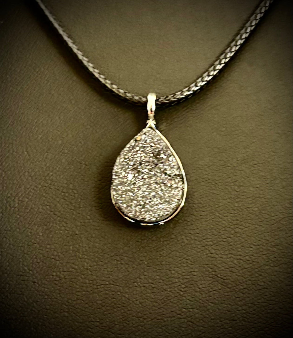 Silver Druzy Teardrop Pendant Necklace | Petite 18mm Pear-Shape Charm on 23” Cord