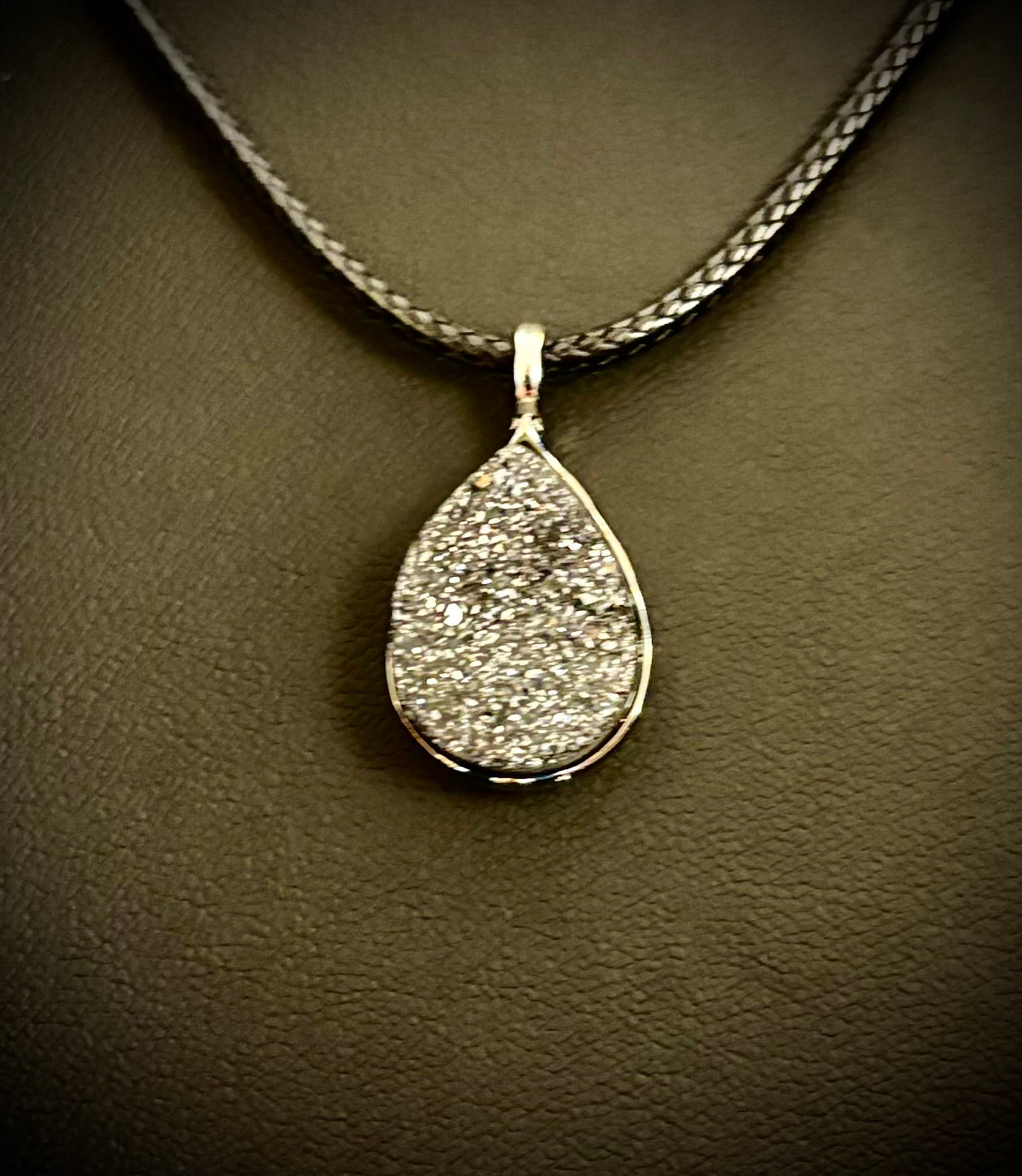 Silver Druzy Teardrop Pendant Necklace | Petite 18mm Pear-Shape Charm on 23” Cord