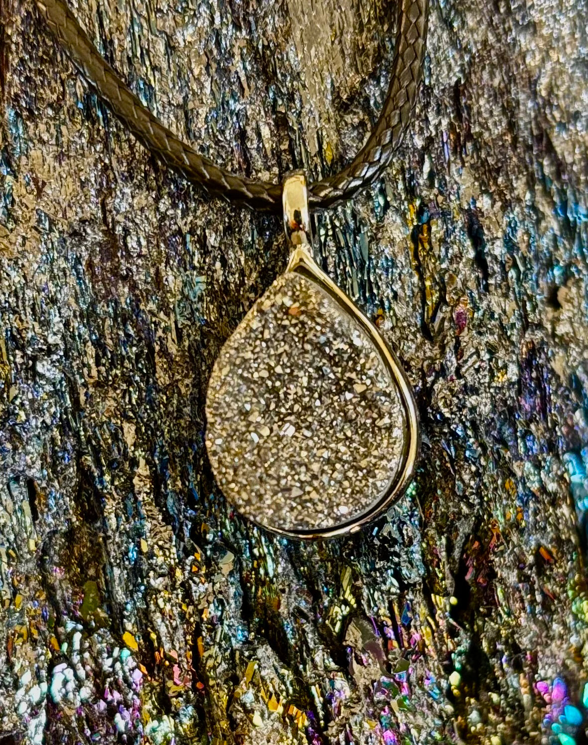 Silver Druzy Teardrop Pendant Necklace | Petite 18mm Pear-Shape Charm on 23” Cord