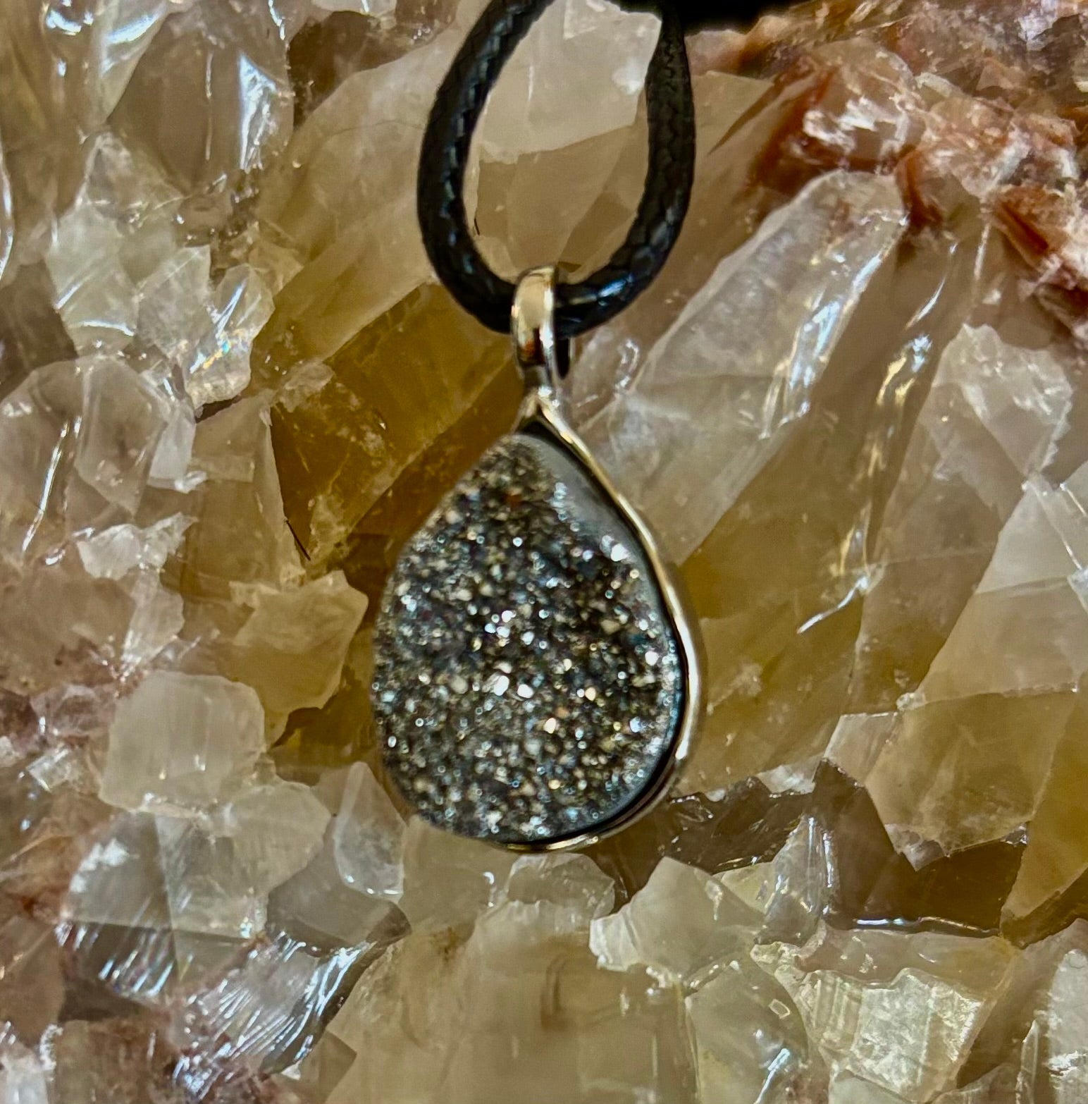 Silver Druzy Teardrop Pendant Necklace | Petite 18mm Pear-Shape Charm on 23” Cord