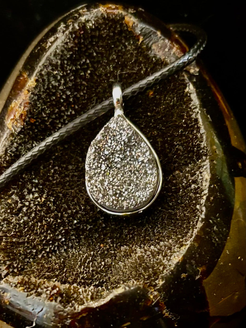Silver Druzy Teardrop Pendant Necklace | Petite 18mm Pear-Shape Charm on 23” Cord