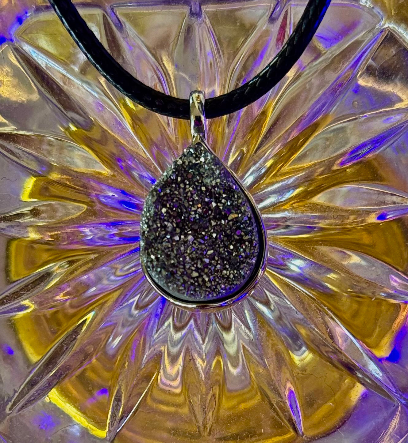 Silver Druzy Teardrop Pendant Necklace | Petite 18mm Pear-Shape Charm on 23” Cord