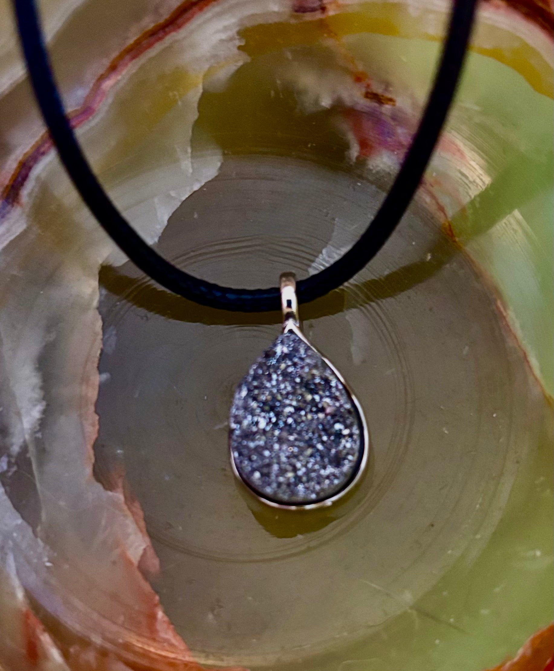 Silver Druzy Teardrop Pendant Necklace | Petite 18mm Pear-Shape Charm on 23” Cord