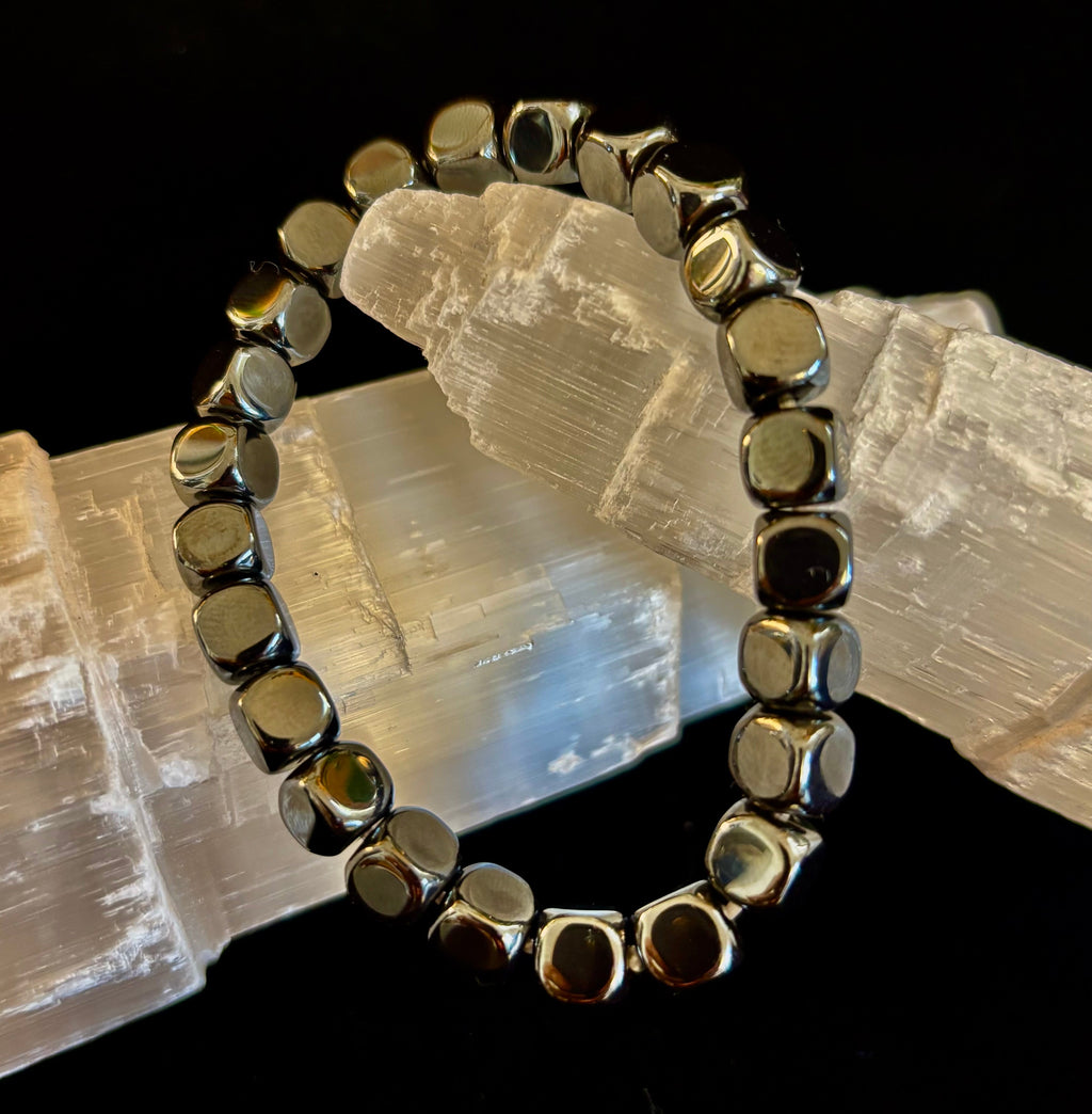 Hematite Cube Beaded Bracelet | Grounding Energy & Balance | Unisex 7.8mm Stretch Fit