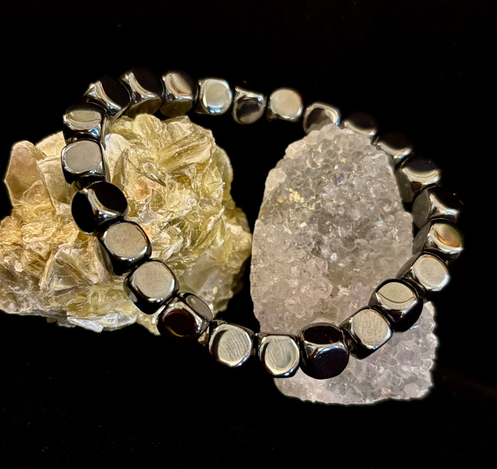 Hematite Cube Beaded Bracelet | Grounding Energy & Balance | Unisex 7.8mm Stretch Fit