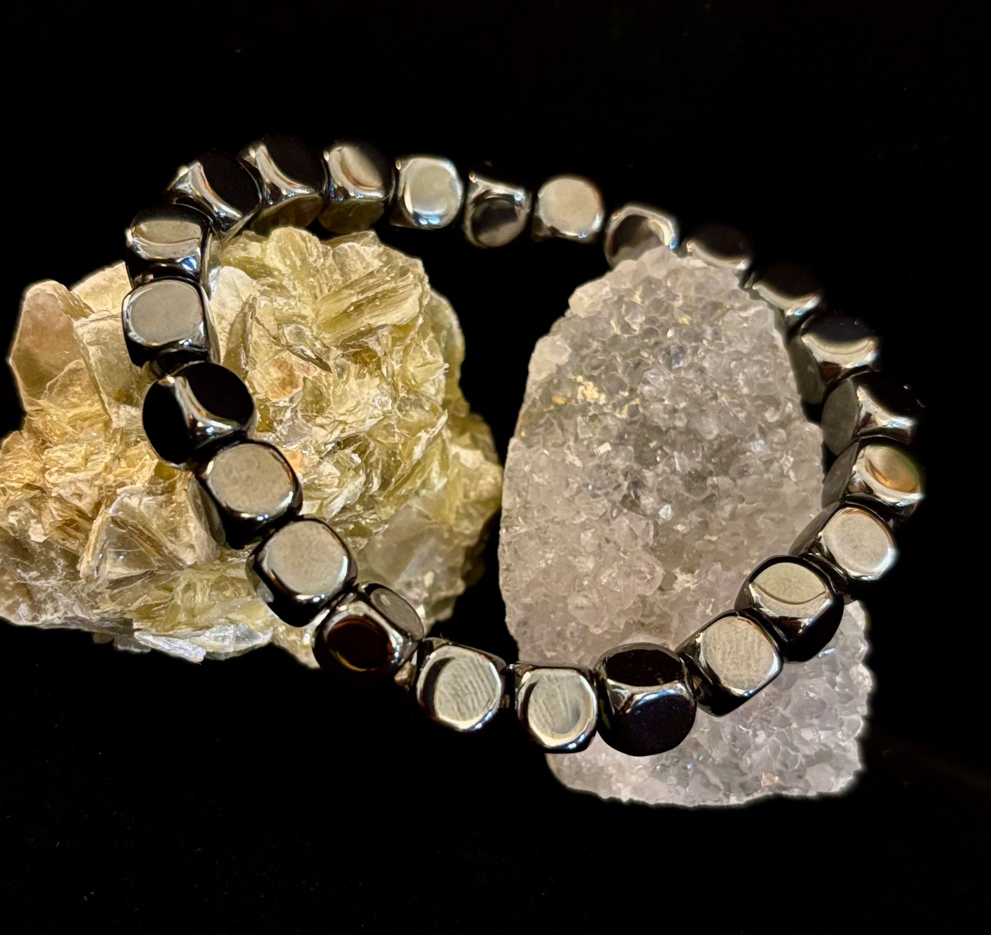 Hematite Cube Beaded Bracelet | Grounding Energy & Balance | Unisex 7.8mm Stretch Fit