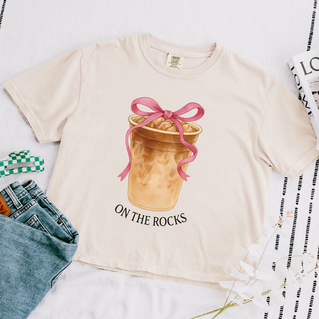 On the Rock Coffee Iced Latte Iced Coffee Garment Dyed Women's Slightly Cropped T Shirt