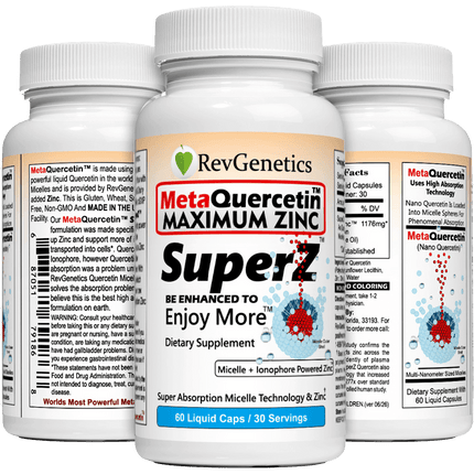 Super Z - Nano Quercetin with Zinc in Micelles Supplement - Advanced Micelle Ionophore Formula for Anti-aging Health - Immune to plain Zinc- Better than liposomal -By RevGenetics
