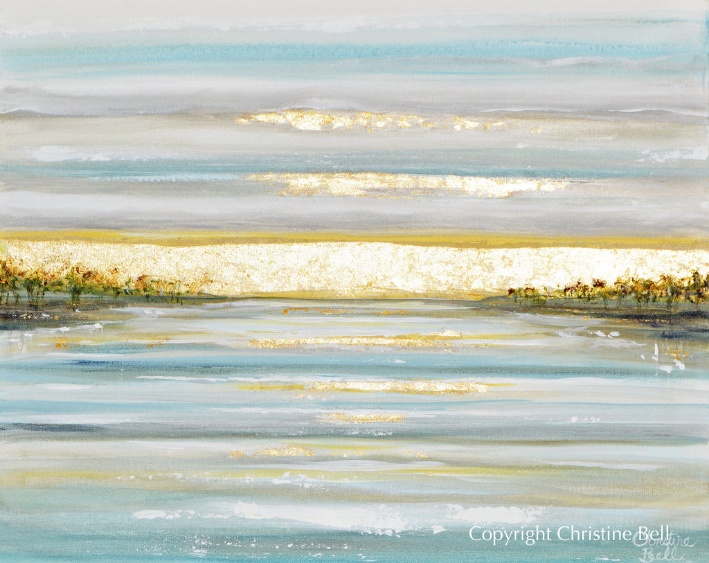 "Morning's First Light" GICLEE PRINT Art Coastal Abstract Painting Seascape Sunrise Ocean Lake Gold Leaf