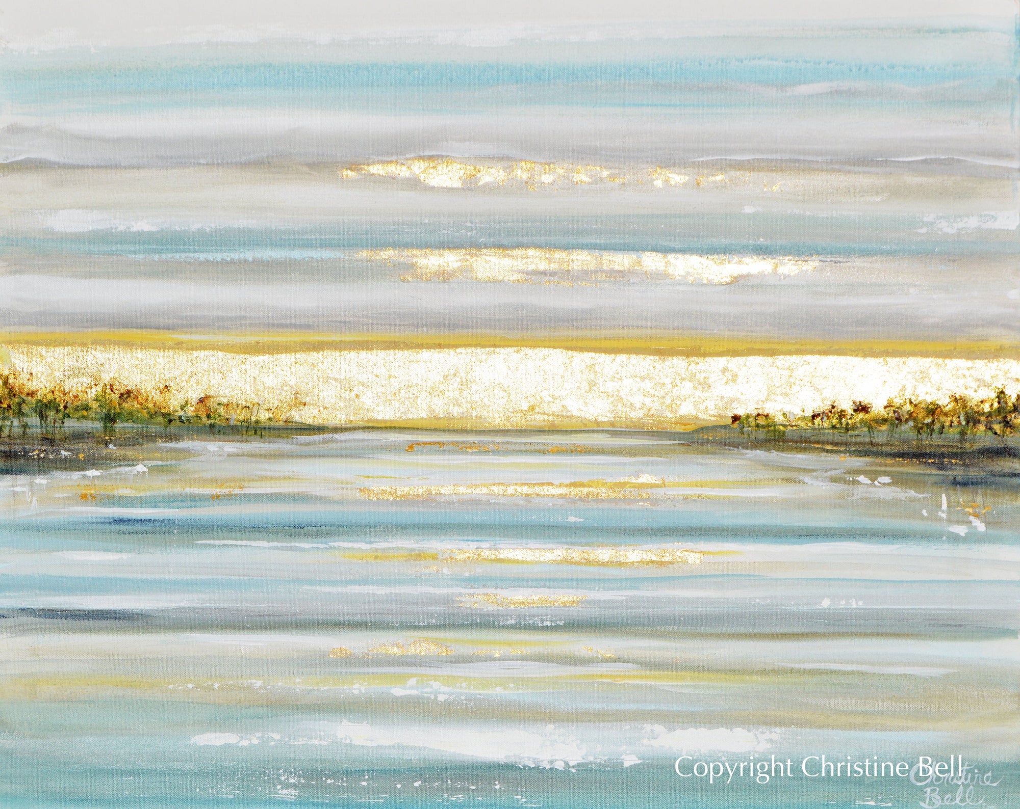 "Morning's First Light" GICLEE PRINT Art Coastal Abstract Painting Seascape Sunrise Ocean Lake Gold Leaf