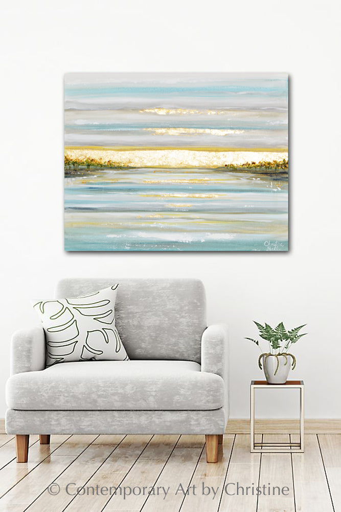 "Morning's First Light" GICLEE PRINT Art Coastal Abstract Painting Seascape Sunrise Ocean Lake Gold Leaf