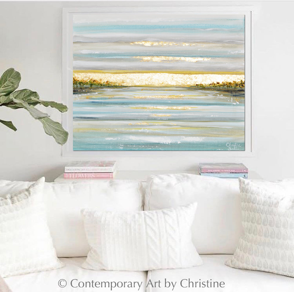 "Morning's First Light" GICLEE PRINT Art Coastal Abstract Painting Seascape Sunrise Ocean Lake Gold Leaf