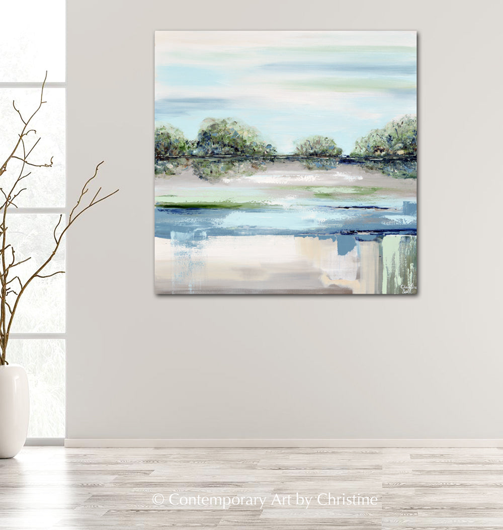 "Morning Meditation" GICLEE PRINT Art Coastal Abstract Painting Blue Green Grey Modern Landscape Trees