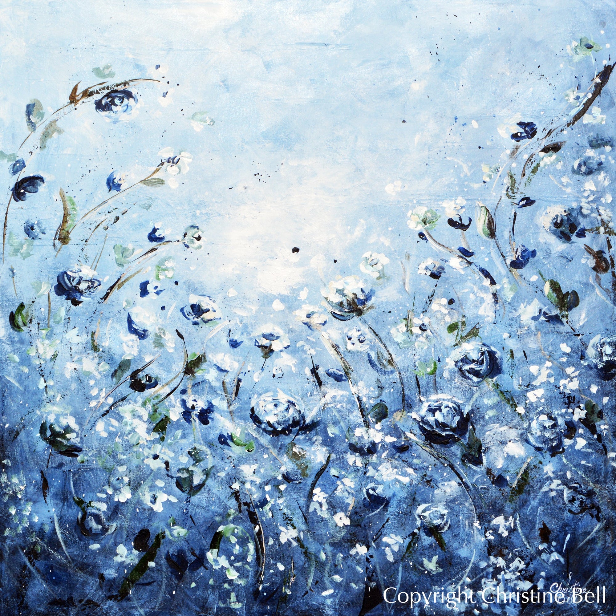"Moonlight Symphony" GICLEE PRINT Art Abstract Floral Painting Blue White Flowers
