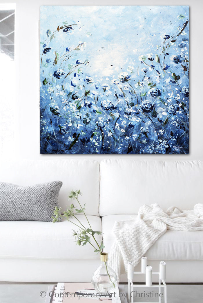 "Moonlight Symphony" GICLEE PRINT Art Abstract Floral Painting Blue White Flowers
