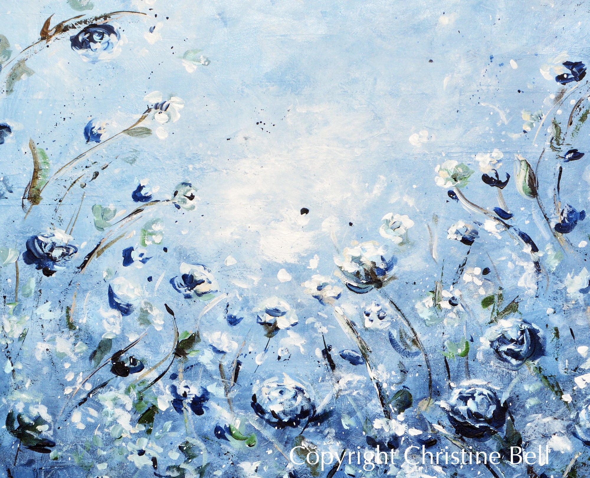 "Moonlight Symphony" GICLEE PRINT Art Abstract Floral Painting Blue White Flowers