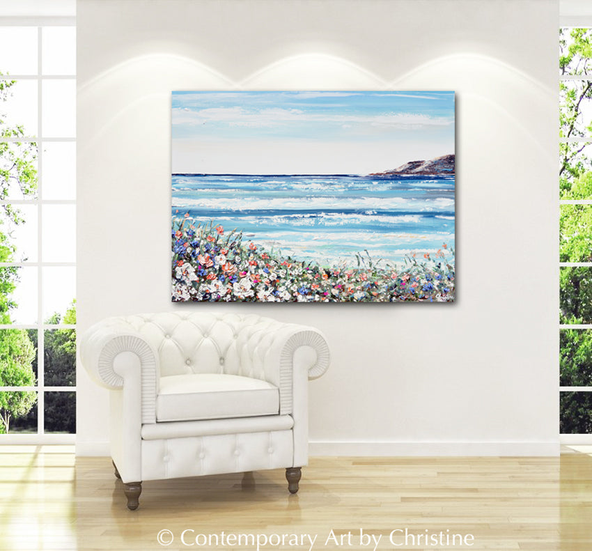 "La Jolla Cove" GICLÉE PRINT Art Coastal Abstract Painting Ocean Beach Wildflowers Seascape