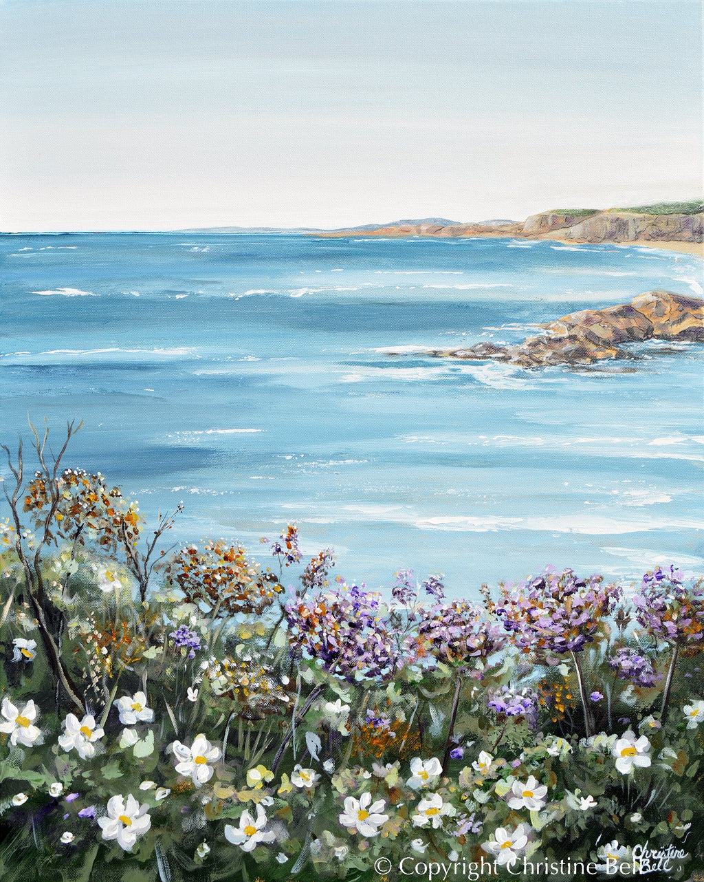 "La Jolla Cove in Bloom" GICLÉE PRINT, Coastal Abstract Seascape Painting, Ocean Wildflowers Flowers
