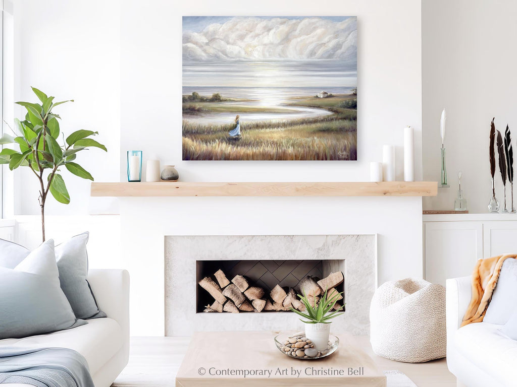 "In Her Own World" GICLÉE PRINT Landscape Oil Painting, Coastal Seascape Beach Figurative w/ Girl  30x24"