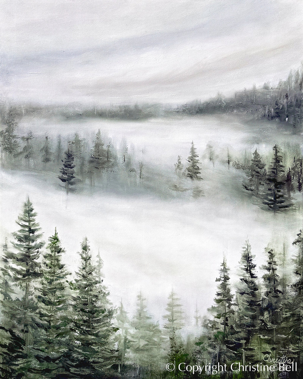 "Beyond the Mist" GICLÉE PRINT, Modern Misty Forest Landscape Painting, Pine Trees
