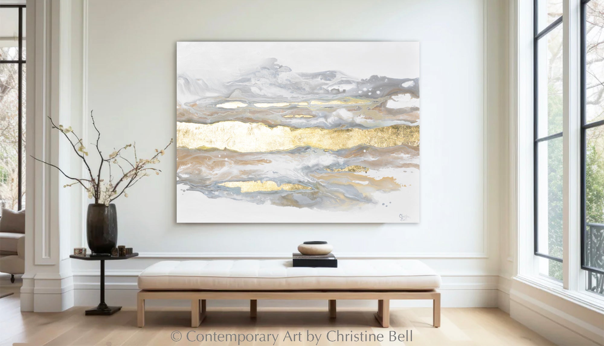 "Epiphany" GICLÉE PRINT, Neutral Coastal Abstract Painting, Gold Leaf