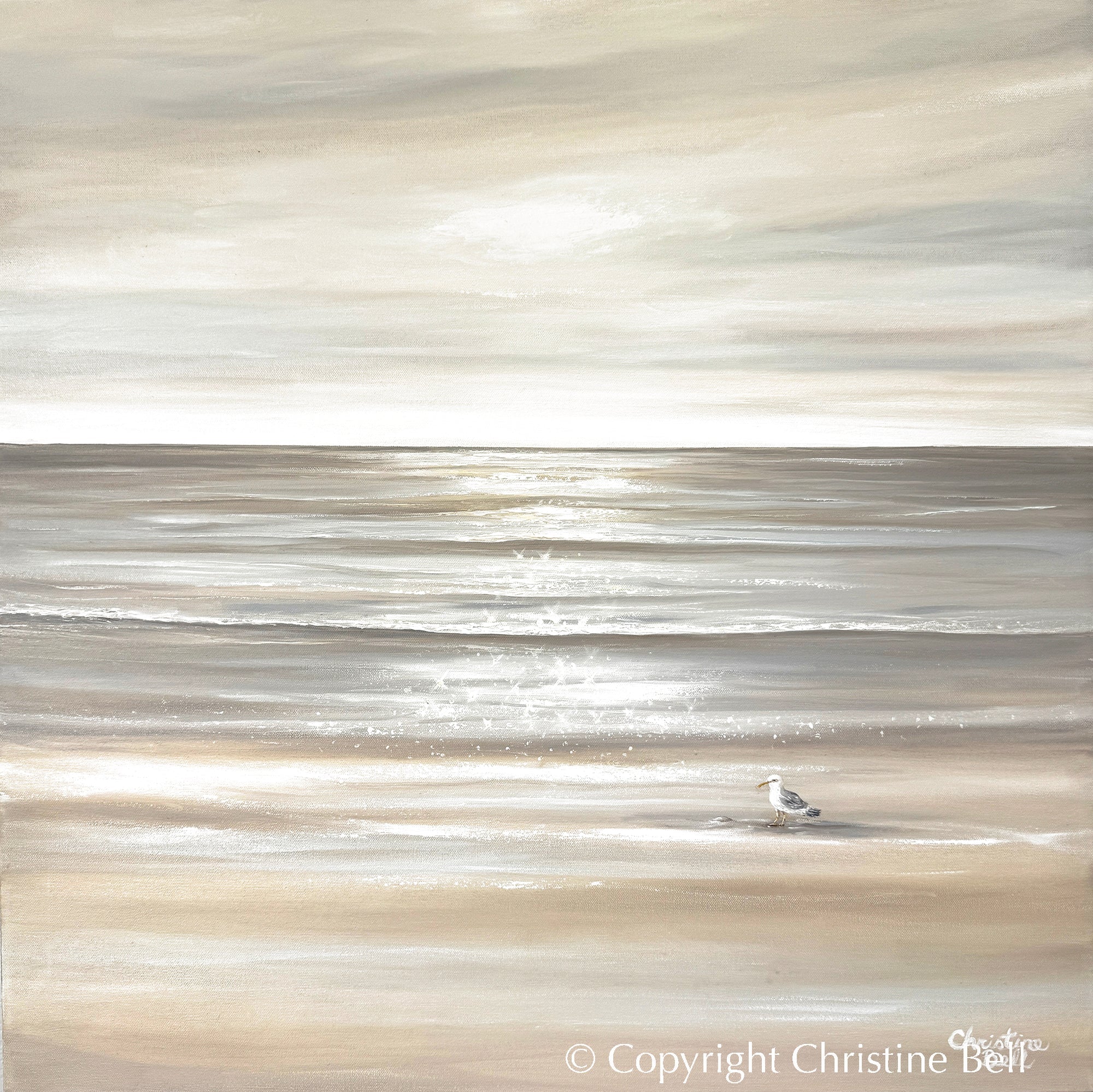 "Solo Reflections" GICLÉE PRINT Coastal Abstract Ocean Beach Painting, Neutral Seascape w/ Seagull
