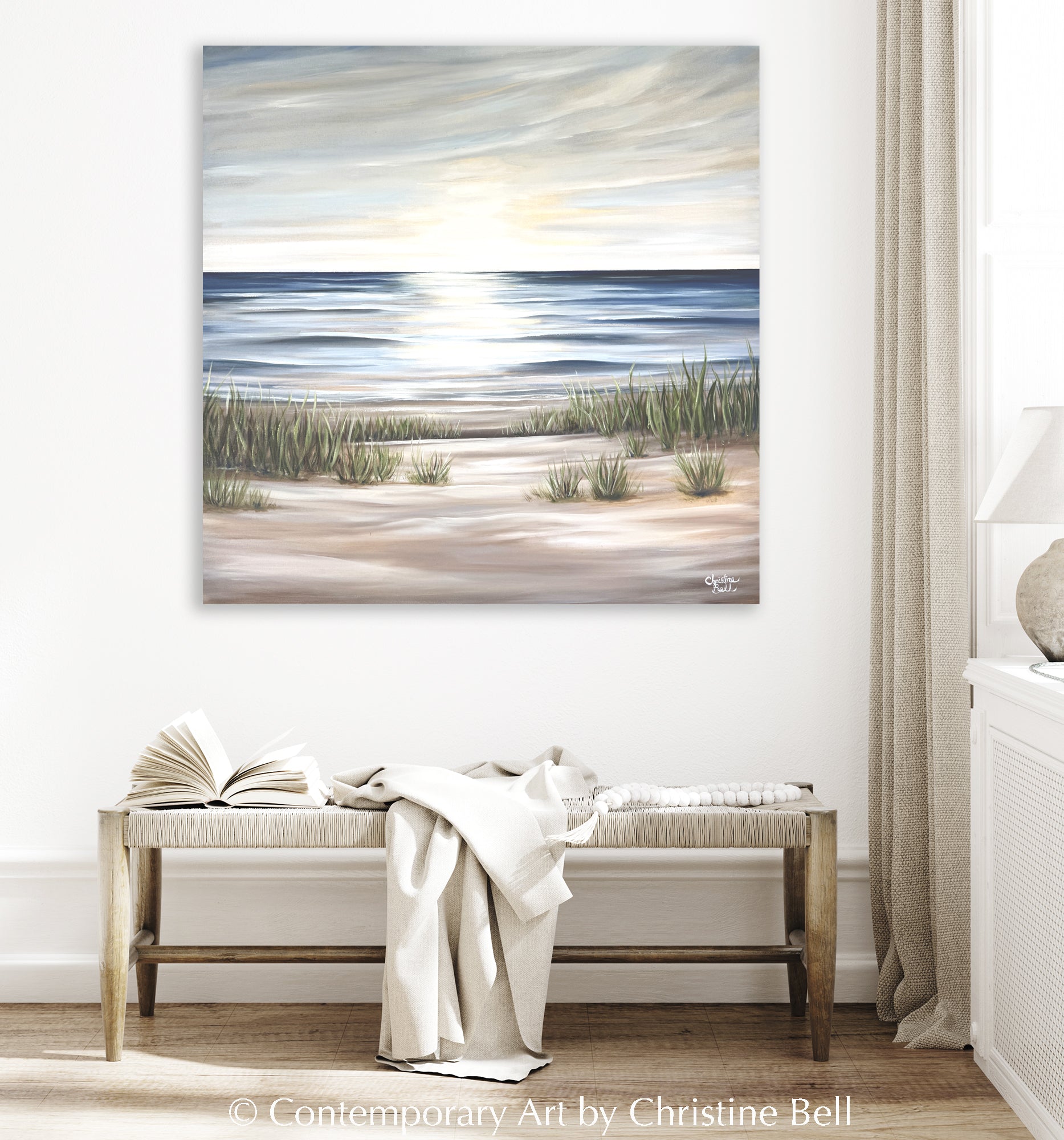 "Sunlit Sea" GICLÉE PRINT Coastal Ocean Beach Painting, Seascape, Landscape, Seagrass, Light Blue, Beige, White