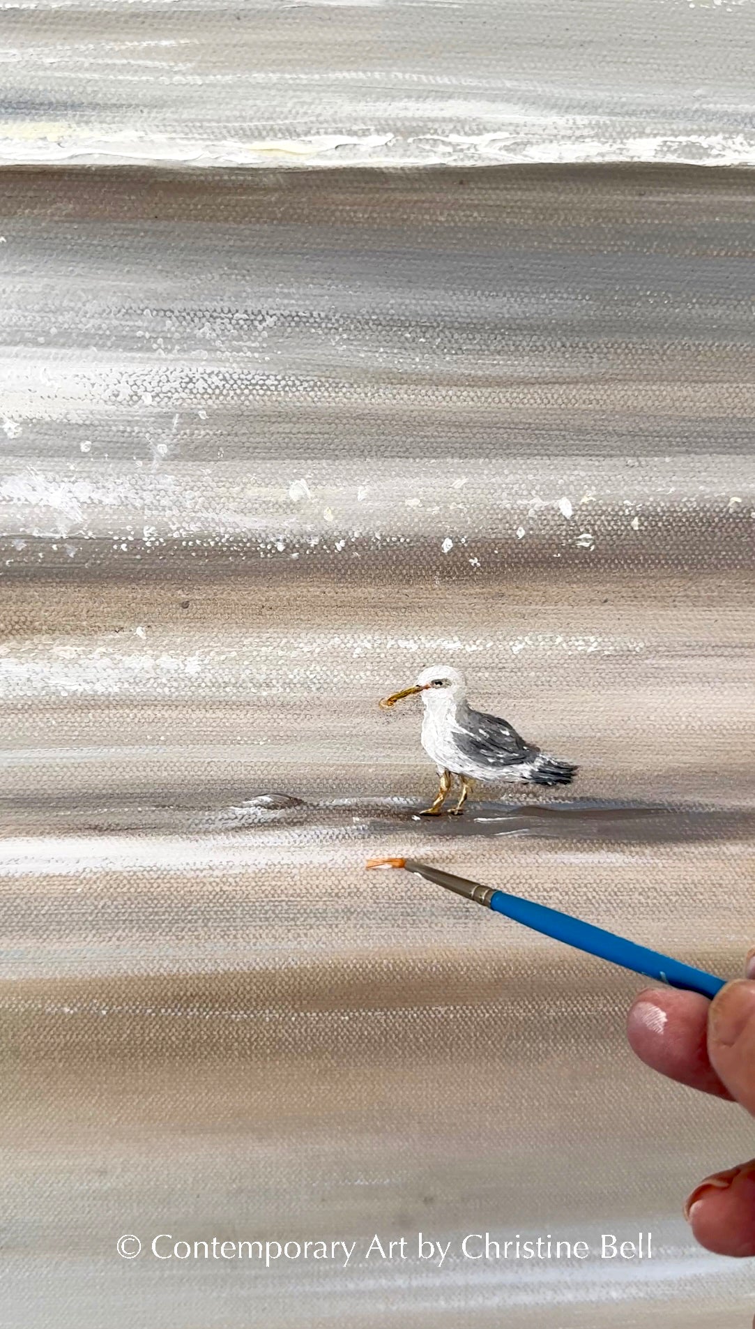 "Solo Reflections" GICLÉE PRINT Coastal Abstract Ocean Beach Painting, Neutral Seascape w/ Seagull