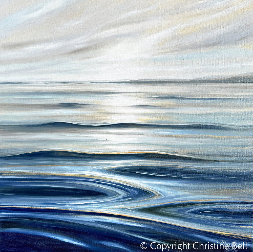 "Calm Waters II" GICLEE PRINT Coastal Seascape Painting, Navy Blue, Grey, White