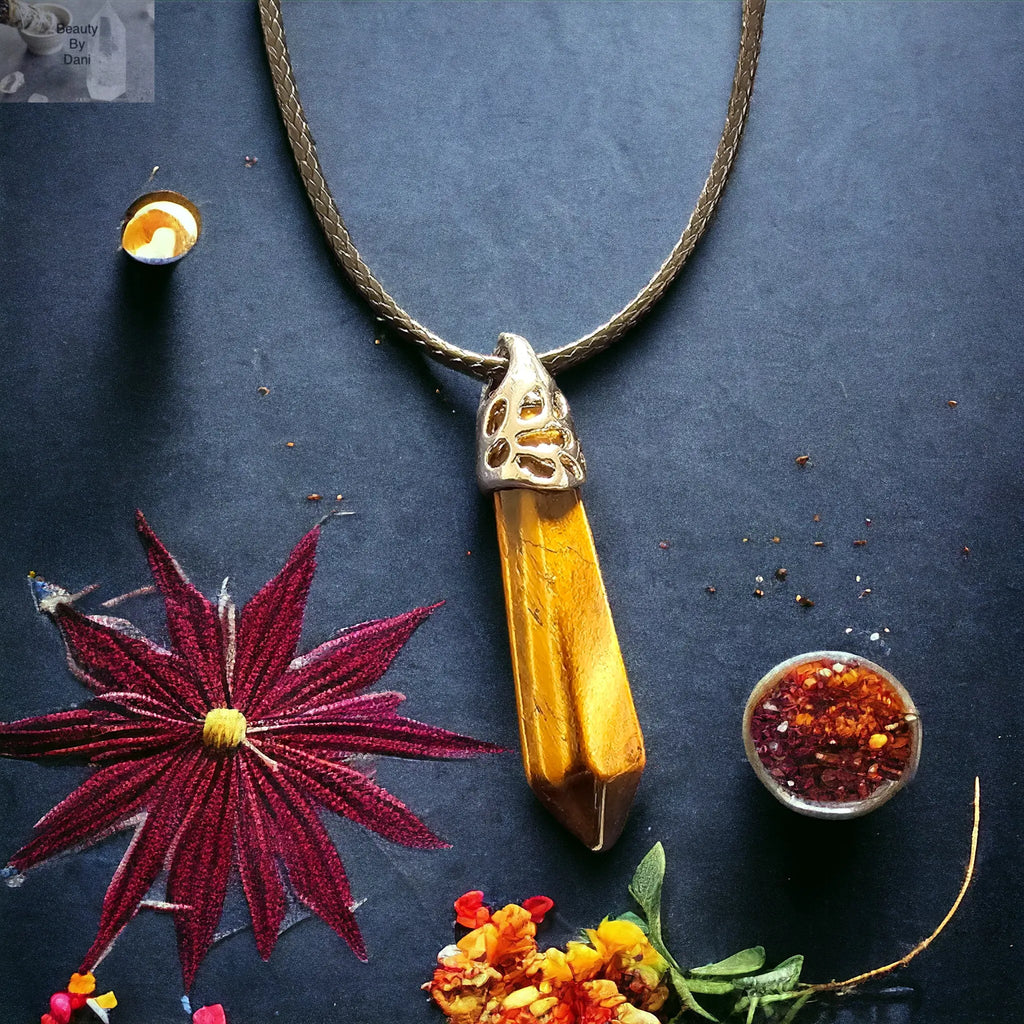 Tiger's Eye Necklace with Stainless Steel and Leather Cord