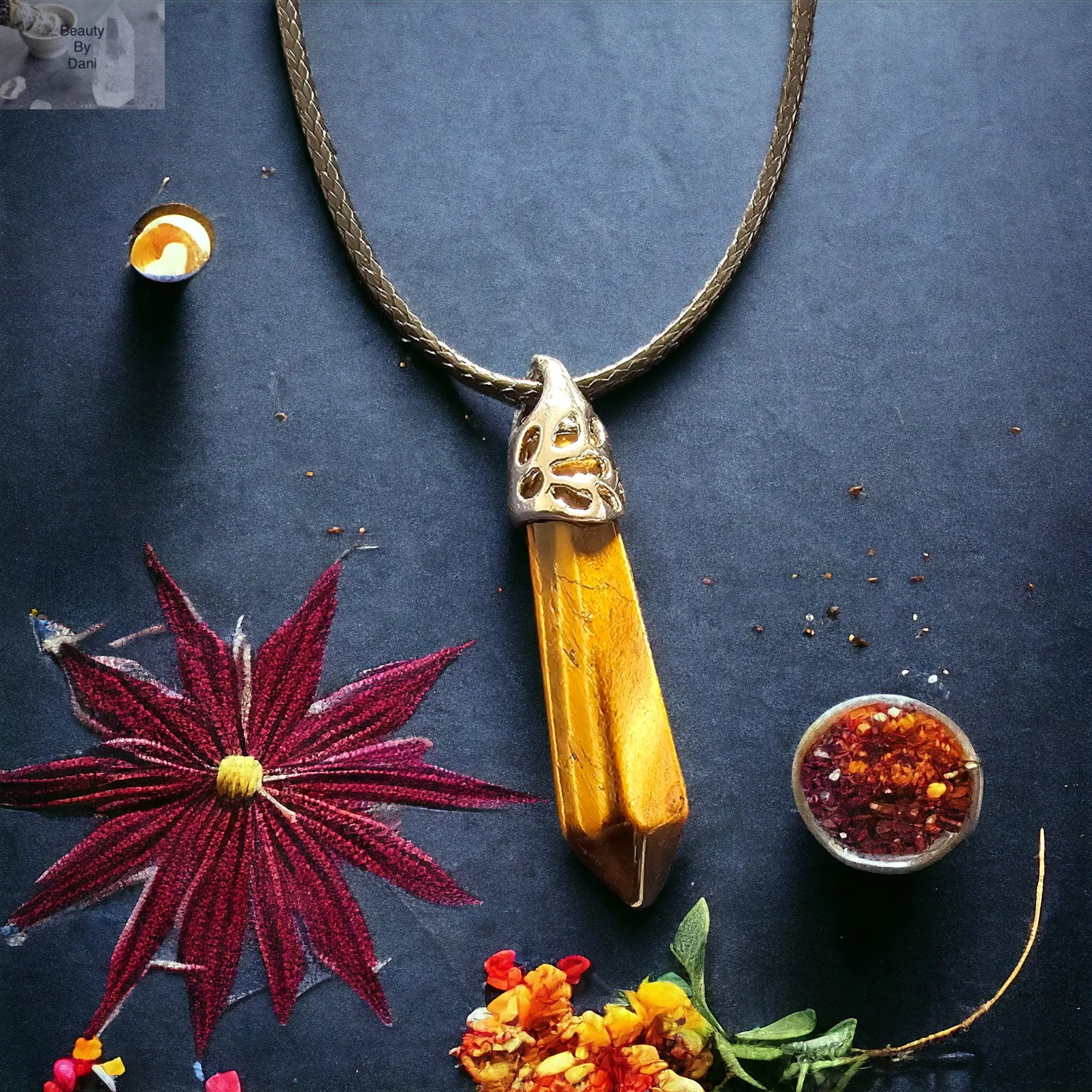 Tiger's Eye Necklace with Stainless Steel and Leather Cord