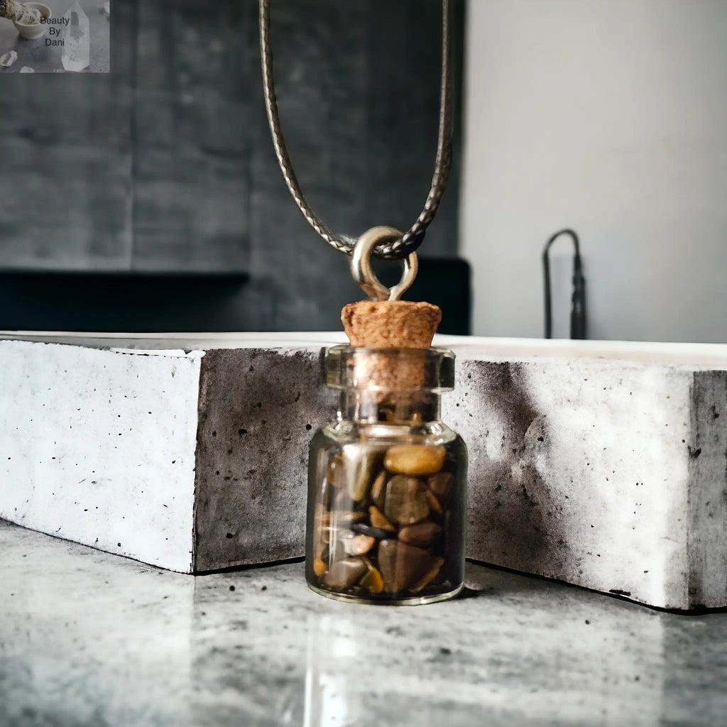 Tiger's Eye Glass Bottle Necklace with Leather Cord