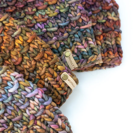 Brown Multi-Color Merino Wool Knit Hat with Faux Fur Pom Pom
