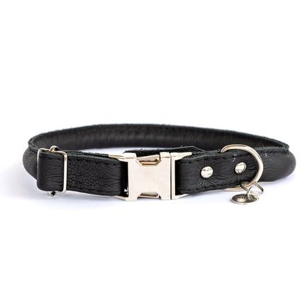 Rolled Style Black Leather Quick-Release Dog Collar