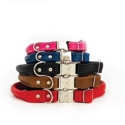 Rolled Style Black Leather Quick-Release Dog Collar