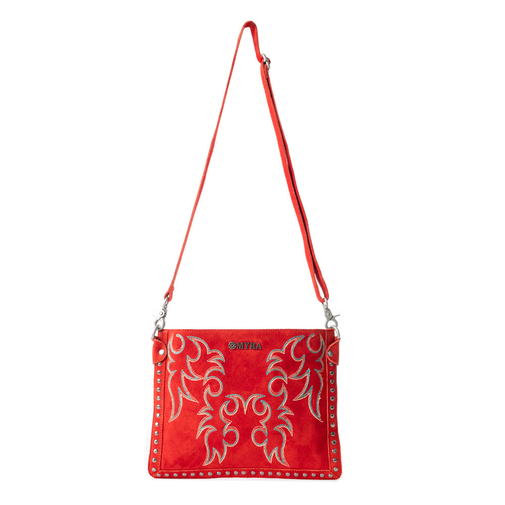 Myra Texas Rose Embroidered Leather Sling Bag for Women – Suede Finish with Silver Studded Detail