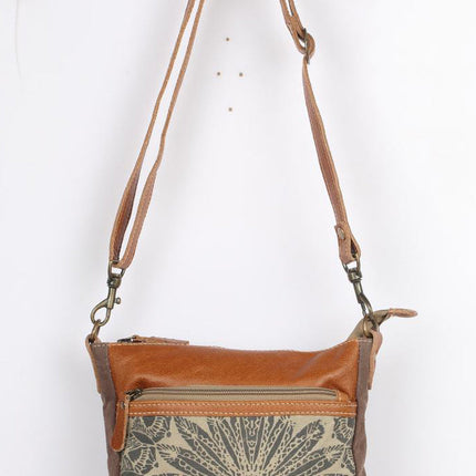 Myra Dizzy Circle Leather Shoulder Bag for Women – Sunburst Floral Print, Adjustable Strap, Rustic Everyday Companion